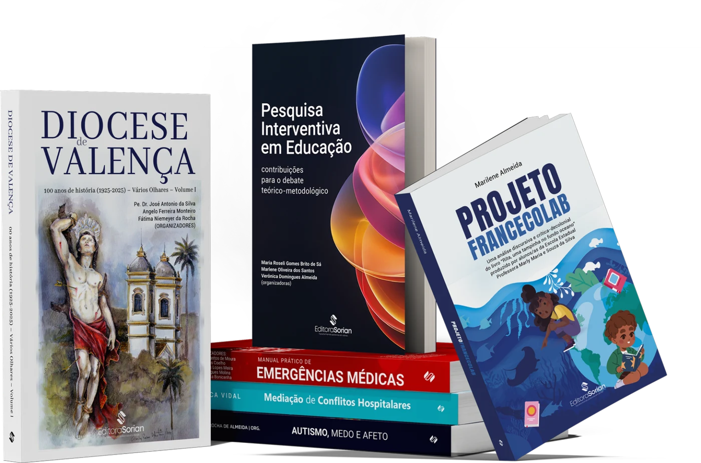 Livros publicados pela Editora Sorian, com capas de diferentes áreas do conhecimento